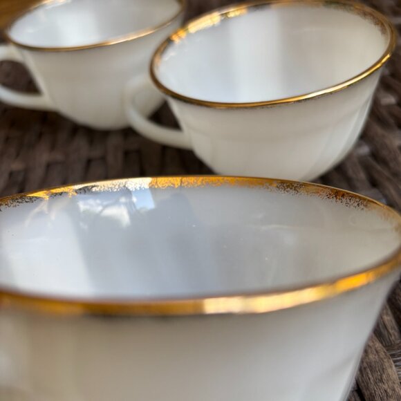 Vintage Fire-King Swirl White Milk Glass Cups with Gold Trim – Set of 3 - Picture 3 of 7